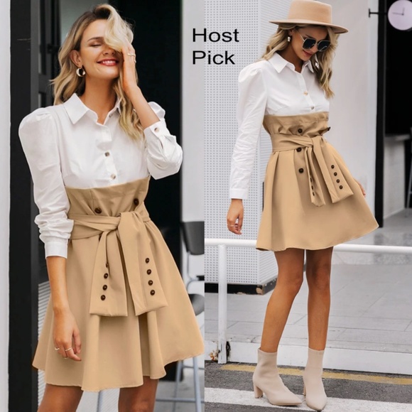 Faux Overlay Trench Skirt With Dress Shirt Dress White Khaki - Picture 10 of 15